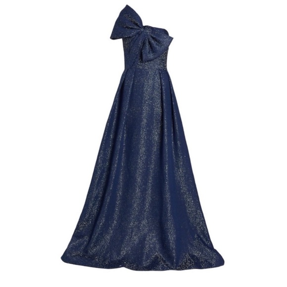 Teri Jon By Rickie Freeman Asymmetric Bow Metallic Sparkle Jacquard Maxi Gown - Picture 4 of 12